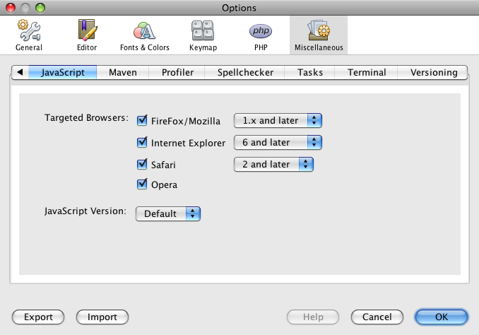 php javascript options