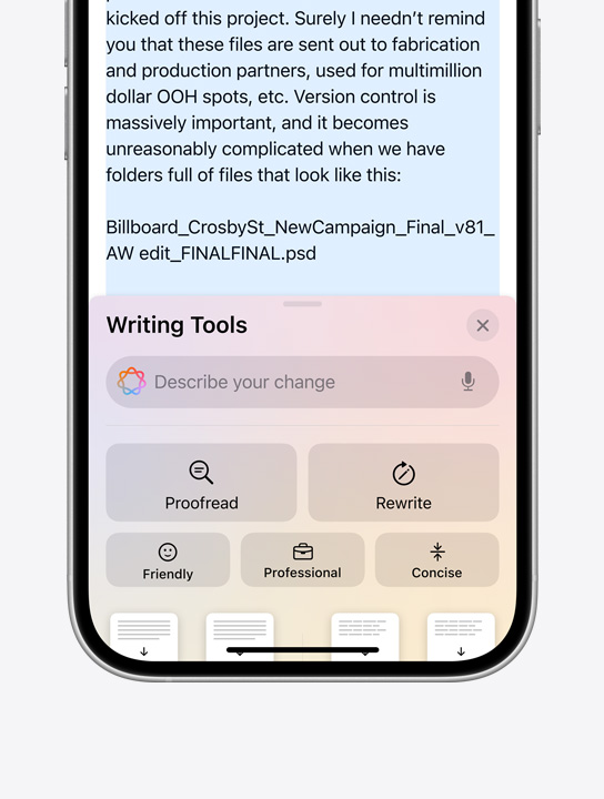 Apple Intelligence Writing Tools prompts on iPhone 16 Pro.