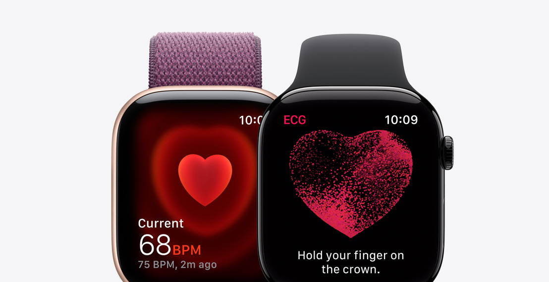 Two Apple Watch Series 10. The first shows a heart rate screen with someone's current BPM at 68. The second shows the ECG app screen with a prompt to hold your finger on the crown.