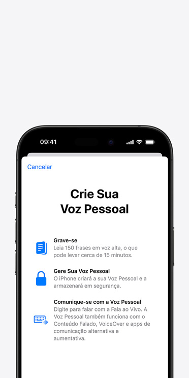 Tela do iPhone 16 Pro exibindo o recurso Voz Pessoal com instruções para criar uma voz personalizada.