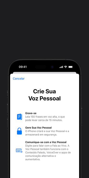 Tela do iPhone 16 Pro exibindo o recurso Voz Pessoal com instruções para criar uma voz personalizada.