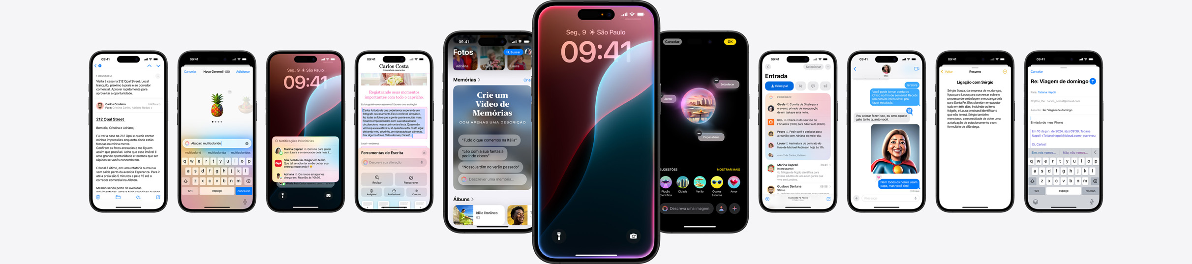Imagem estática de vários aparelhos iPhone mostrando a Apple Intelligence