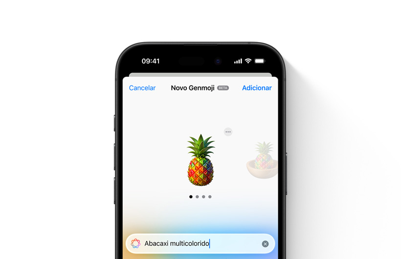 Prévia de um Genmoji personalizado baseado no pedido "cacto de arco-íris"."