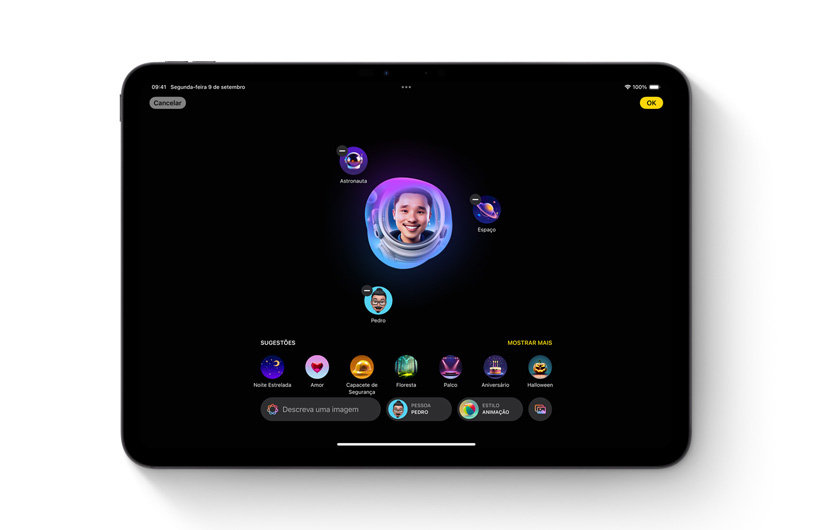 O app Image Playground é mostrado no iPad. Uma imagem personalizada no centro é rodeada por várias ideias e as palavras-chave usadas para criá-la.