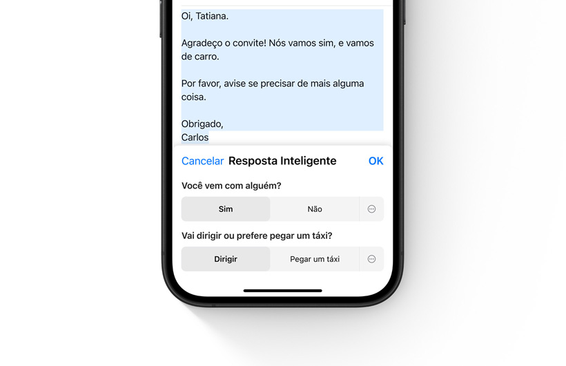 A tela do iPhone mostra opções de Resposta Inteligente no app Mail.