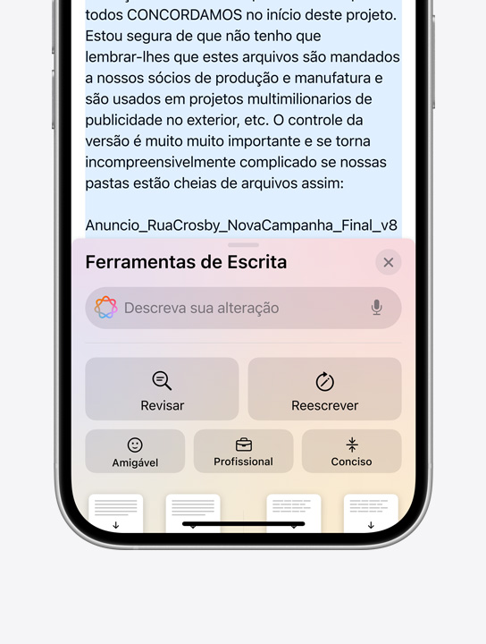 Imagem das instruções das Ferramentas de Escrita da Apple Intelligence no iPhone 16 Pro.