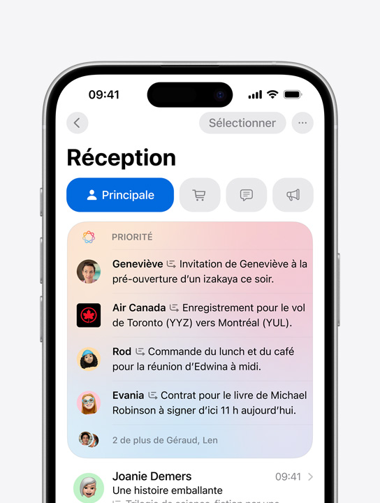 Écran affichant les messages prioritaires dans Mail