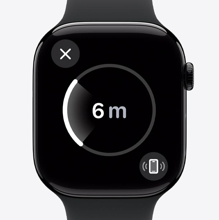 Localisation de précision sur une Apple Watch Series 10 montrant que l’iPhone égaré se trouve à 6 mètres de distance.