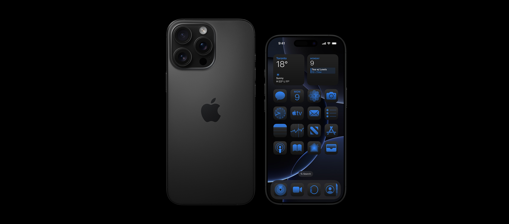 Back view of 6.9-inch iPhone 16 Pro Max and front view of 6.3-inch iPhone 16 Pro in Black Titanium.