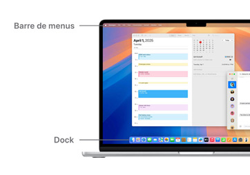 Aperçu de la navigation sur macOS, comme la Barre de menus en haut de l’écran du MacBook et le Dock.