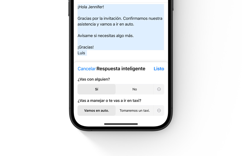 Se muestran opciones de Respuestas Inteligentes en la app Mail de un iPhone.