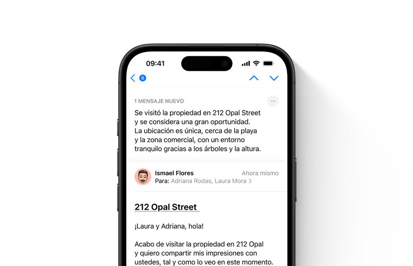Un email en la app Mail con su correspondiente resumen en la parte superior.