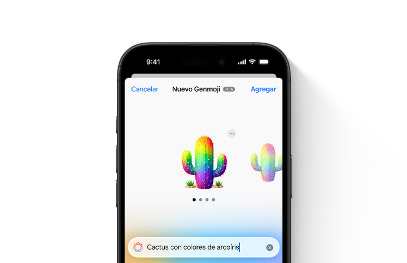 Vista previa de un Genmoji personalizado según la descripción "cactus de arcoíris"