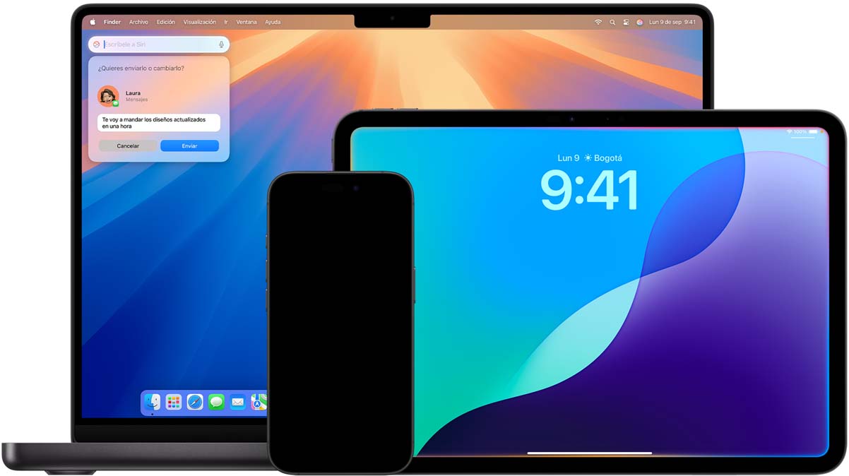 Un Mac, un iPad y un iPhone muestran las nuevas funcionalidades de Siri potenciadas por Apple Intelligence