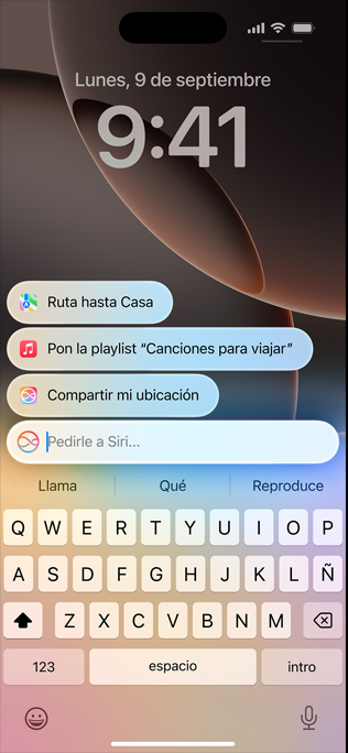Pantalla de un iPhone 16 Pro que muestra el nuevo diseño de Siri y la funcionalidad Escríbele a Siri.