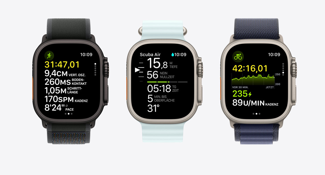 Drei Apple Watch Ultra 2 mit Fitnessdaten. Eine zum Laufen, eine zum Tauchen und eine zum Radfahren.