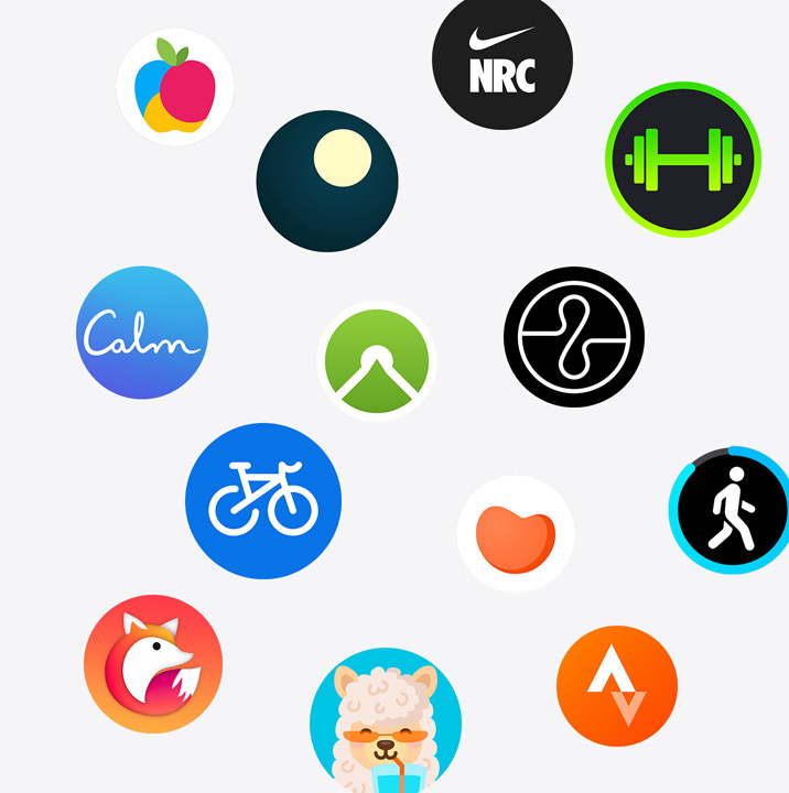 Die Apple Watch App Symbole aus dem App Store. ChargePoint, Yelp, Nike Run Club, SmartGym, Calm, NBA, SwingVision, Oceanic+, WeChat, Wasser trinken Erinnerung Lama, Golfshot, JetBlue und AllTrails