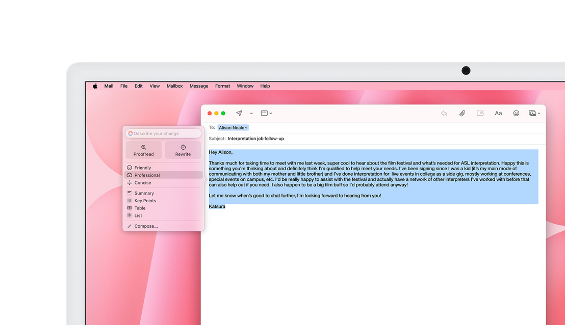 Ekraanil kuvatakse Apple Intelligence'i funktsioon Writing Tools, mis tutvustab kuidas teksti redigeerida.