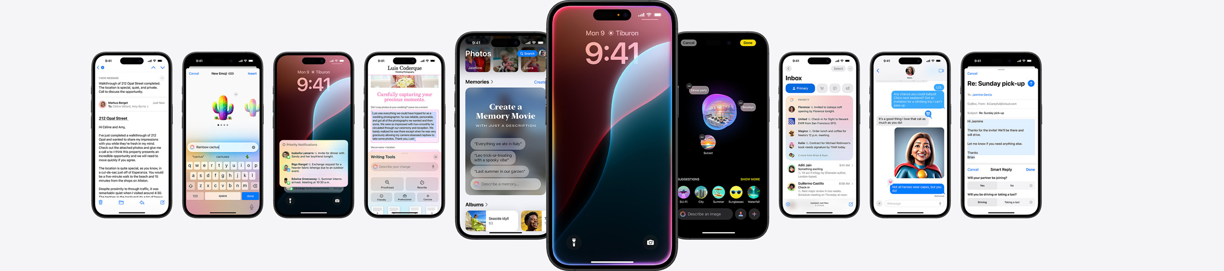Image de plusieurs iPhone affichant des fonctionnalités d’Apple Intelligence.