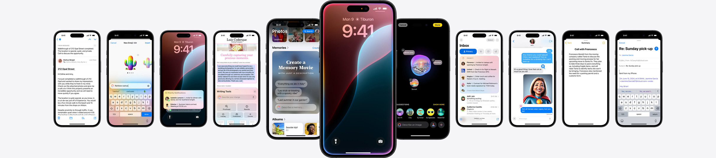 Static image of multiple iPhones showing Apple Intelligence features.