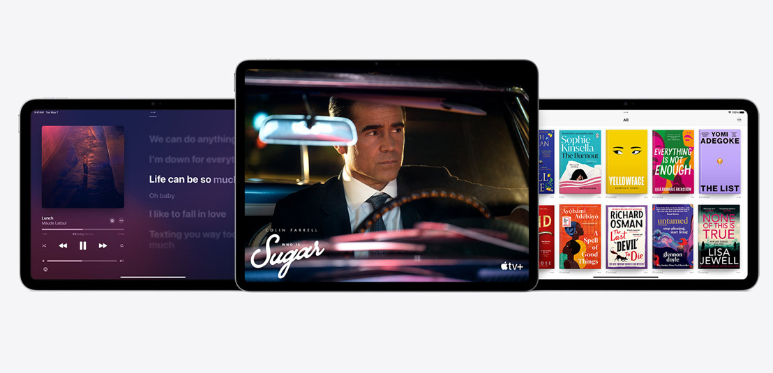 Two iPads and an iPad Air showcasing the Apple Music, Apple TV+, and Apple Books apps.
