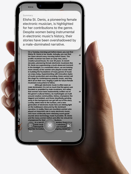 Hand holding iPhone 16e showing results of a search using visual intelligence.