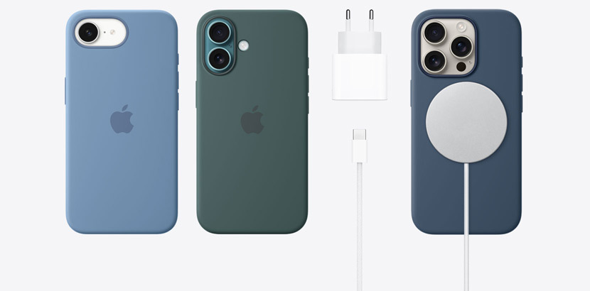 La gamme des iPhone 16e et iPhone 16, avec des accessoires tels que différentes coques en silicone. Adaptateur secteur USB‑C 20 W, câble de charge USB‑C 60 W et chargeur MagSafe.