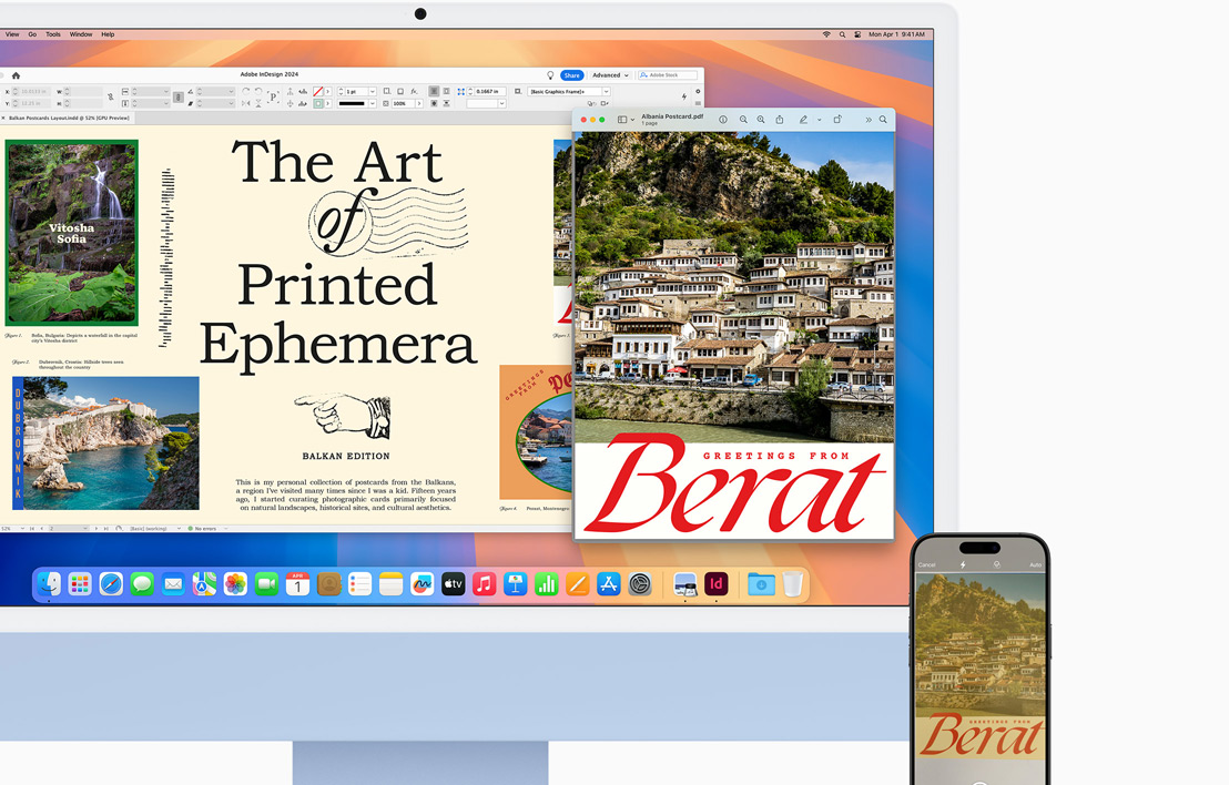 A blue iMac with an iPhone next to it, demonstrating an illustrated document on both via the Handoff feature.