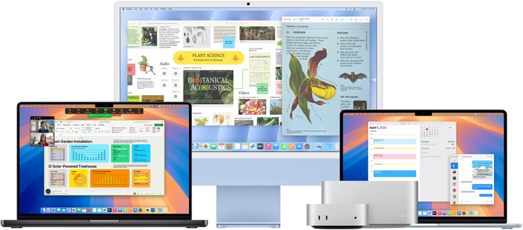 Un Mac Studio, un Mac mini, un MacBook Pro, un MacBook Air et un iMac regroupés avec leurs écrans orientés vers l’avant