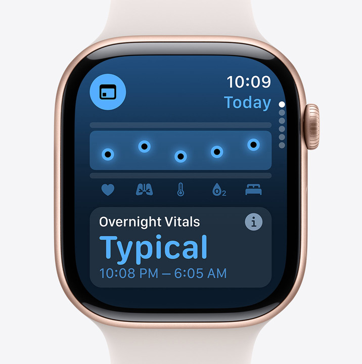 Une vue de l’app Signes vitaux sur l’Apple Watch Series 10 indiquant que les données recueillies pendant la nuit sont typiques.