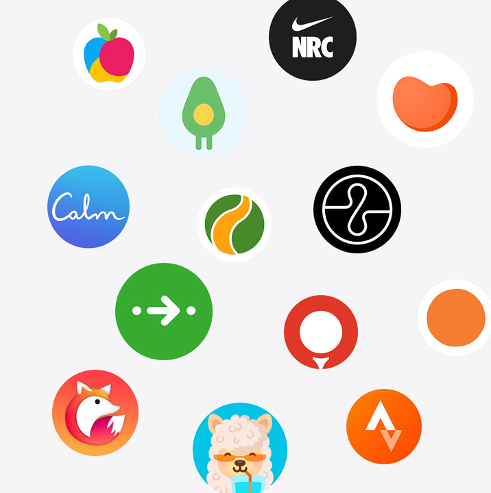 Les icônes des apps Apple Watch de l’App Store. ChargePoint, Yelp, Nike Run Club, SmartGym, Calm, NBA, SwingVision, Oceanic+, WeChat, Waterllama, Golfshot, JetBlue et AllTrails