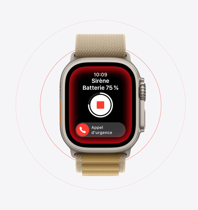 Sirène en cours d’utilisation sur l’Apple Watch Ultra 2.