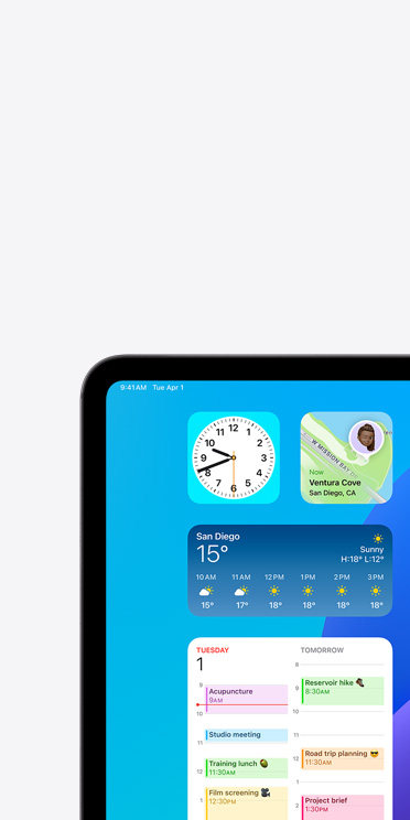 VoiceOver feature on iPad Pro screen showing Weather app widget with audio output “Weather, San Diego, 15 degrees”