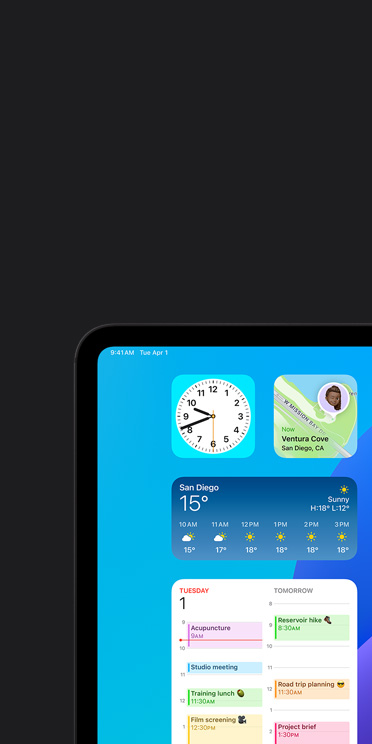 VoiceOver feature on iPad Pro screen showing Weather app widget with audio output “Weather, San Diego, 15 degrees”