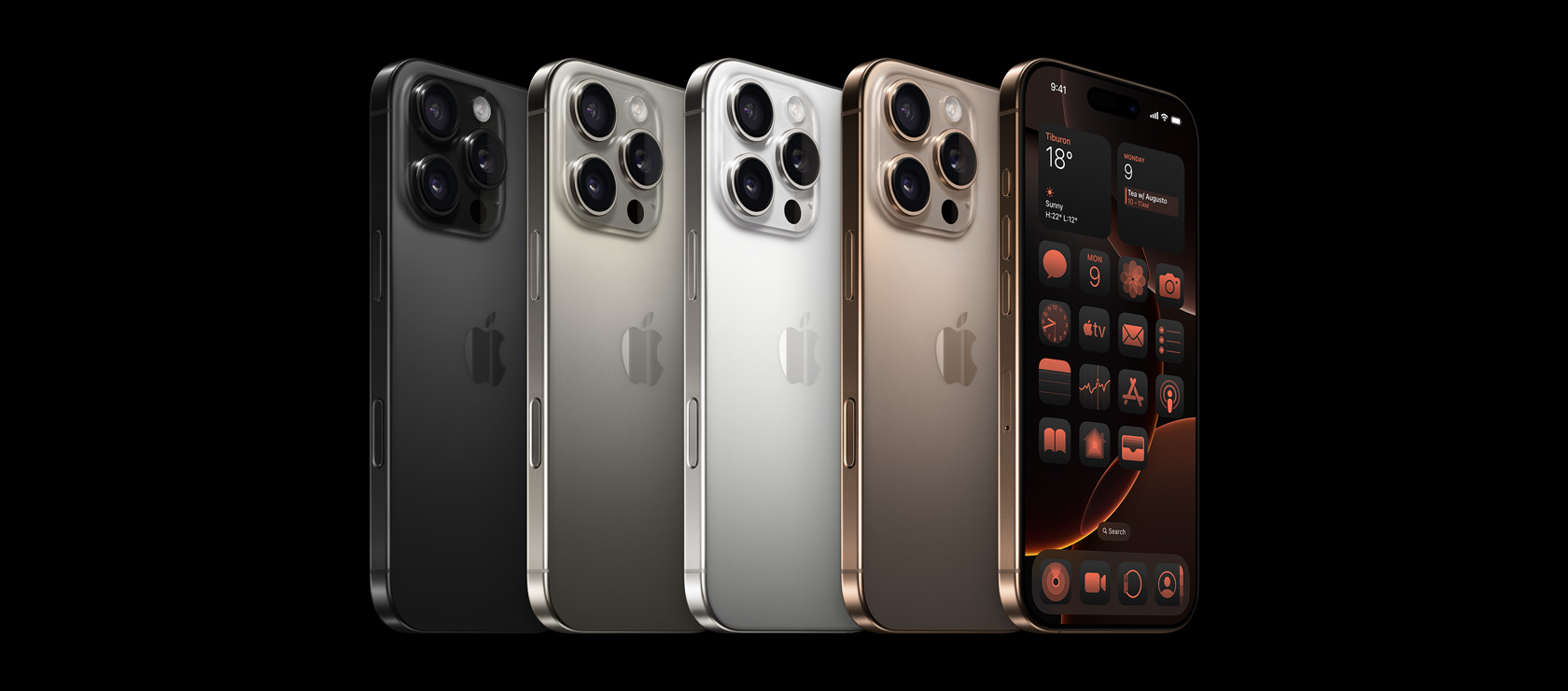 iPhone 16 Pro 的背面,全部四款外觀,包括黑色鈦金屬、原色鈦金屬、白色鈦金屬和沙漠色鈦金屬;以及沙漠色鈦金屬 iPhone 16 Pro 的正面。