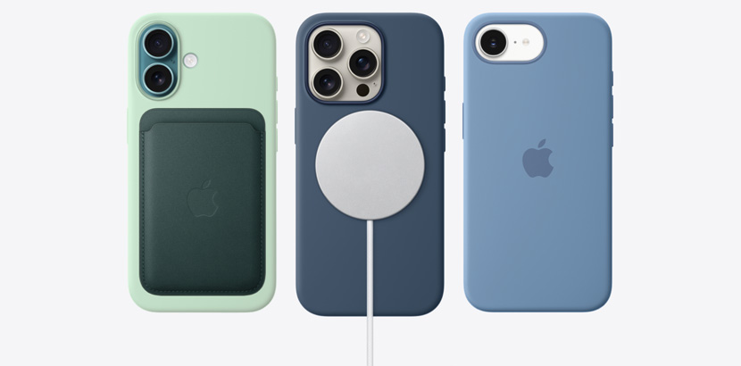 iPhone 16e 和 iPhone 16 系列，以及多款矽膠護殼等配件。20W USB-C 電源轉換器、60W USB-C 充電線和 MagSafe 充電器。