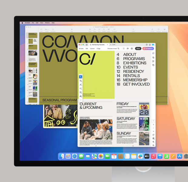 色彩繽紛的螢幕畫面,顯示 Dock 上不同種類的 app、Safari,以及操作中的 Adobe Acrobat。