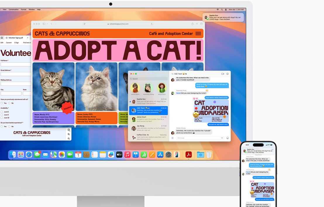 銀色 iMac 旁邊放有 iPhone，兩部裝置的螢幕顯示訊息 app 中出現相同的訊息，以及接聽來電的選項。