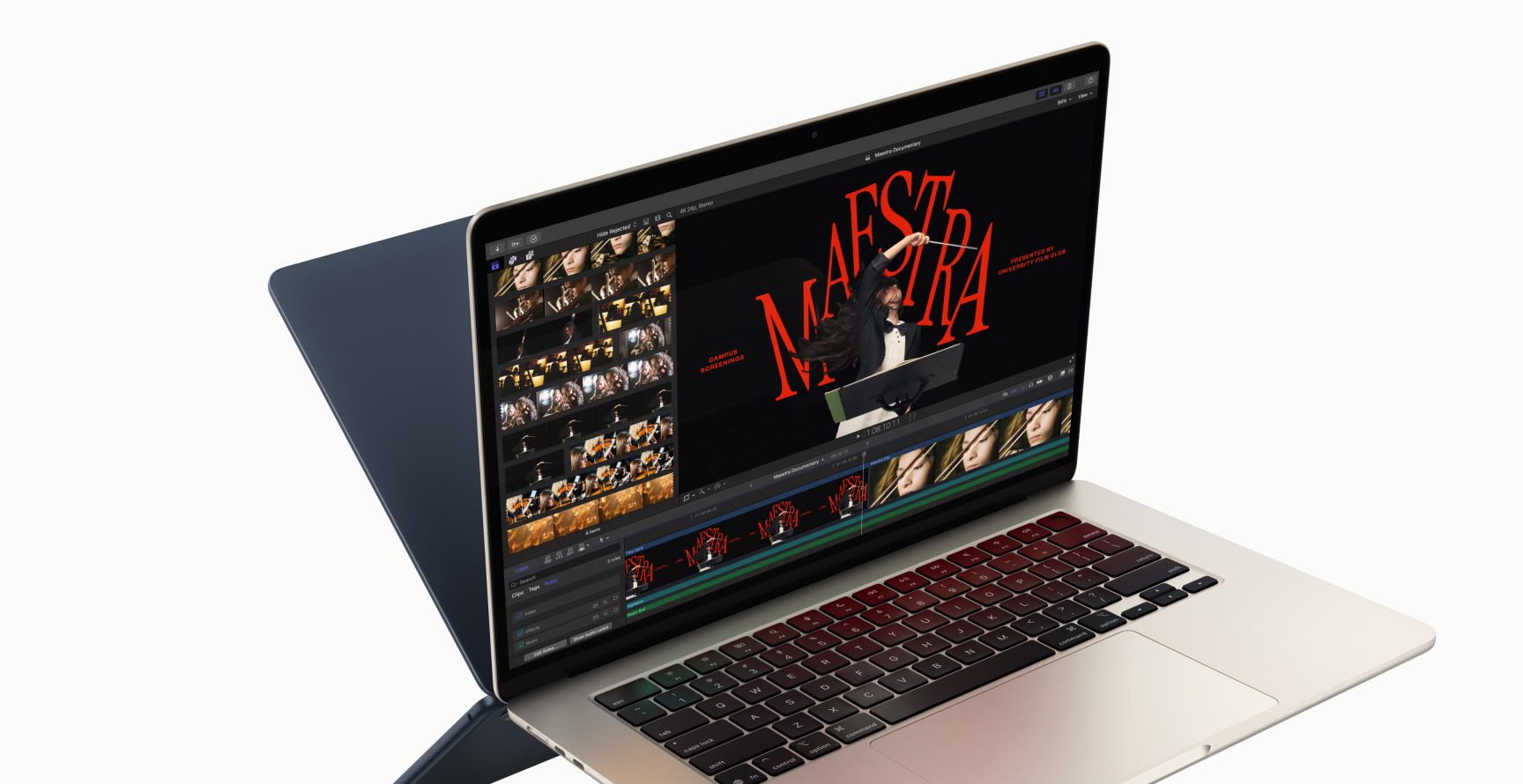 MacBook Air 上顯示以 Final Cut Pro 剪輯影片，展現 M4 晶片的強勁效能；另一部 MacBook Air 的背面出現在第一部 MacBook Air 的後面，呈現出如鏡像的視覺效果