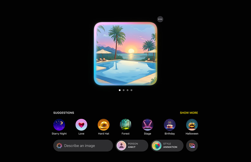 UI of the Image Playground experience shows a pool in a tropical landscape with the sunset in the background with suggestions for more elements to add to the image
