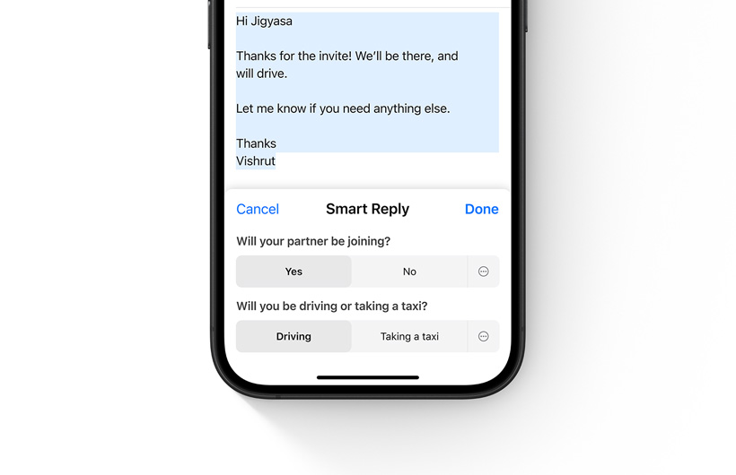 Smart Reply options in the Mail app are shown on an iPhone.