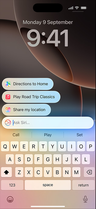 iPhone 16 Pro displaying redesigned Siri and Type to Siri capability.