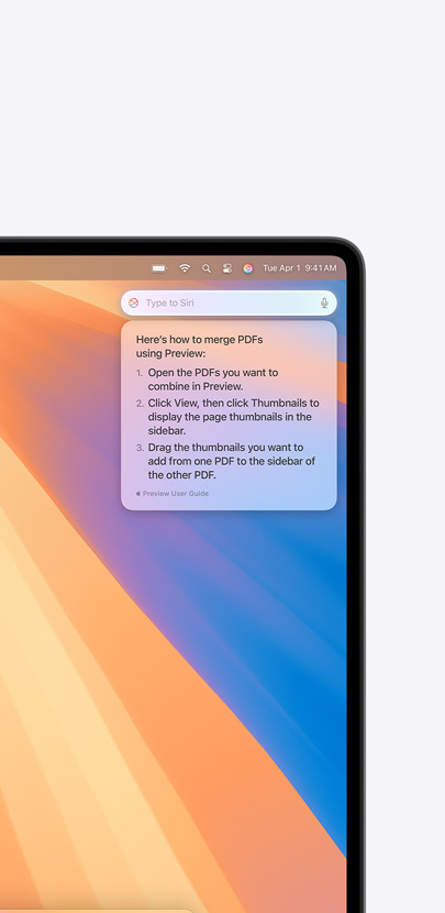 Screen image with phrase in search field and results demonstrating Apple Intelligence Siri feature.