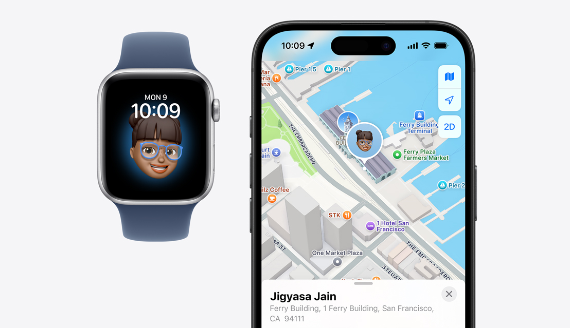 An Apple Watch SE with a child's face on the screen next to an iPhone 16 showing the child's location on the Find My app.