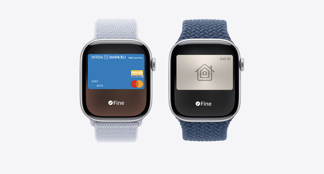 Three Apple Watch Series 10. The first shows Apple Card being used with Apple Pay. The second shows a transit card being used with the Wallet App. The third shows a home key being used through the Wallet app.
