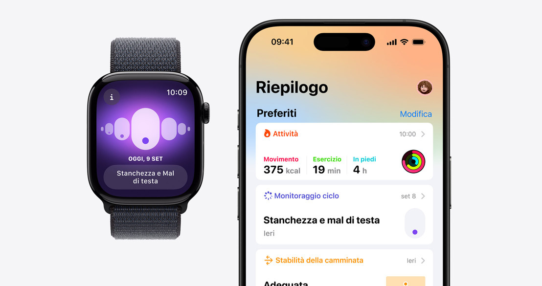 Un Apple Watch Series 10 con l’app Monitoraggio ciclo e un iPhone 16 Pro con l’app Salute che mostra le informazioni sul ciclo.