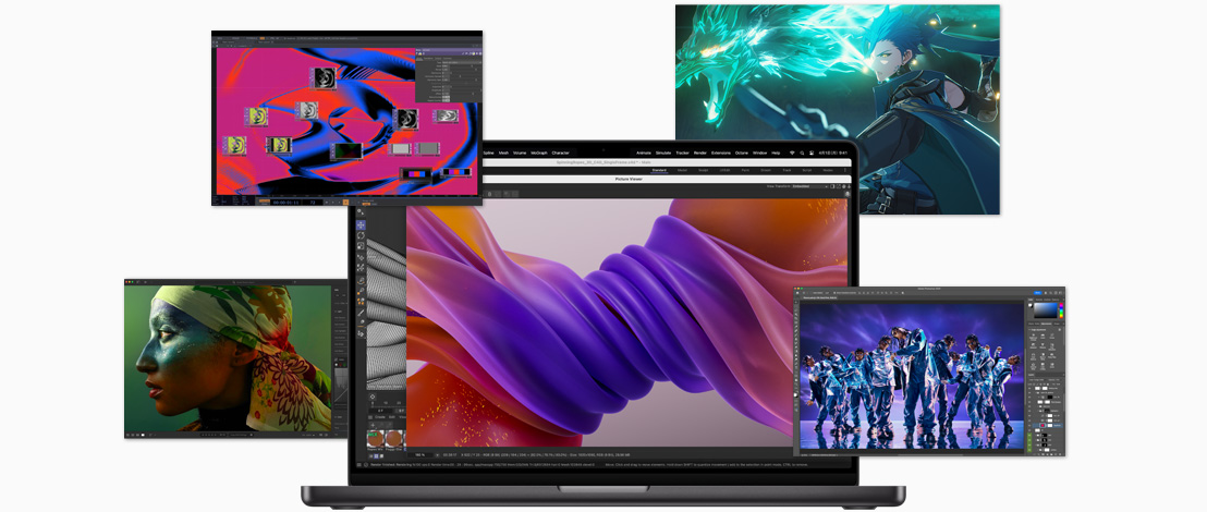 いくつかの画面が、Appleシリコンがもたらすシャープな画像や効率化のためのアプリを示している