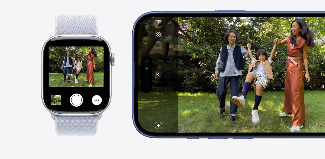 写真撮影中のiPhone 16。Apple Watch Series 10では、iPhone 16で撮影中の画像を確認できるカメラリモートが使用されている