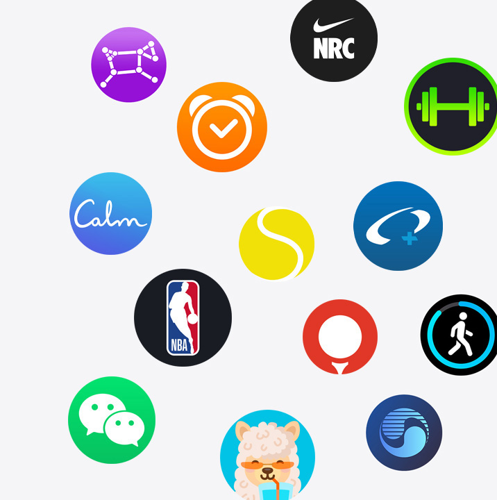 App Store에 있는 다양한 Apple Watch 앱 아이콘. Night Sky, Sleep Cycle, Nike Run Club, SmartGym, Calm, NBA, SwingVision, Oceanic+, WeChat, Waterllama, Golfshot, Korean Air, StepsApp