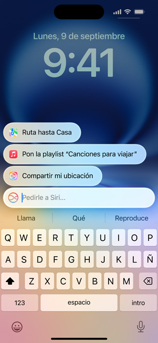 Pantalla de un iPhone que muestra el nuevo diseño de Siri y la funcionalidad Escríbele a Siri.